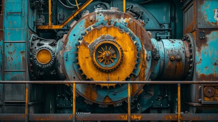 A large rusty machine with a yellow and blue wheel, AI