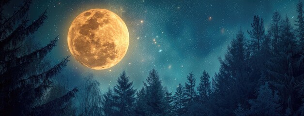 a full moon shining brightly amidst the dark woods, offering a captivating view of the fantasy forest panorama under the moonlit sky.