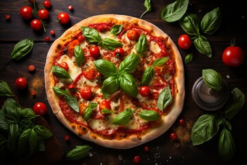 Delicious pepperoni pizza with fresh basil and tomatoes on wooden table, top view