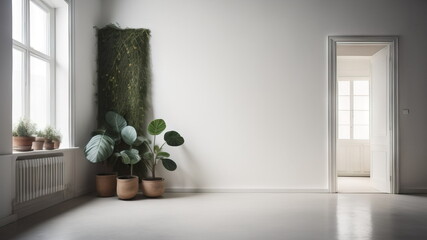 Interior background of empty room with white wall and and potted plan