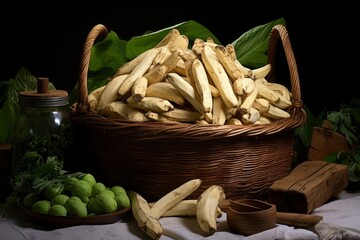 Photo of a basket filled with cassava
