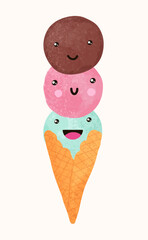 Cute funny ice cream with smile, cartoon character. Waffle cone icecream balls vector