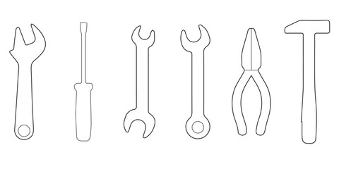 set of tools. Outlines tools isolated on white background. 6 tools. png. Stock vector illustration