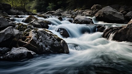  Images capturing the dynamic flow of water in a mountain river, emphasizing the beauty of natural motion