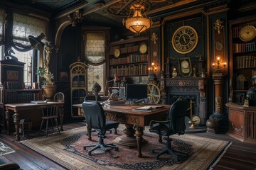 steampunk-inspired study room, with intricate gears