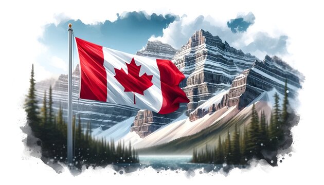 Watercolor illustration of the canadian flag flying on a pole with a rocky mountains background.
