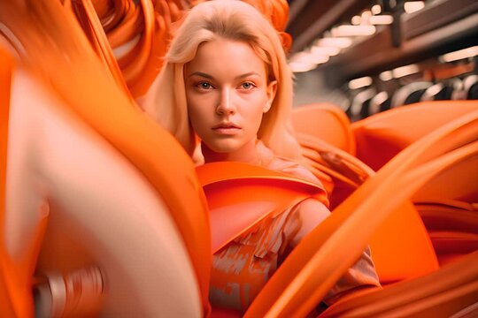 a woman with blonde hair standing in front of a rack of orange wires