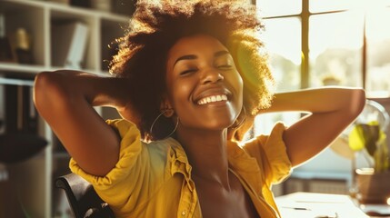 young african american woman with open arms in a chair on office desk, in the style of award-winning