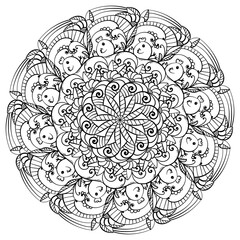 Antistress manala with chickens and fancy flowers, meditative coloring page for creative activity for Easter