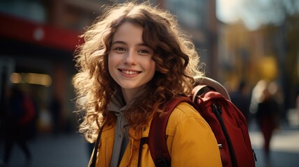 Fototapeta premium young girl in yellow blazer holding a backpack that she bought in the sun on the city street