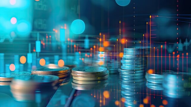 a graph representing financial trends and lines of coins, visually illustrating the intersection of data analysis and monetary transactions in the realm of finance and business.