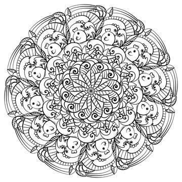 Antistress manala with chickens and fancy flowers, meditative coloring page for creative activity for Easter