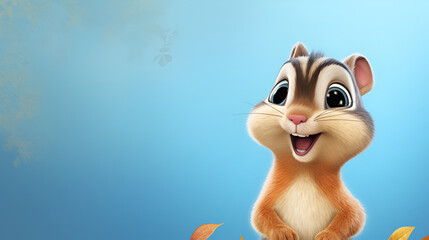 A small funny cheerful chipmunk of brown and white coloring with big eyes on a blue background. Cartoon hero. Close-up