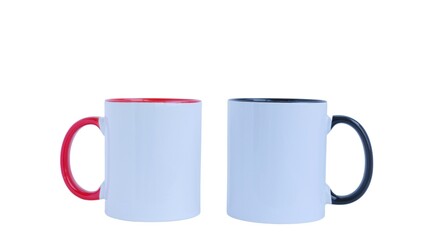 two blank white mug mockups isolated on white background, coffee cup cutout on empty backdrop