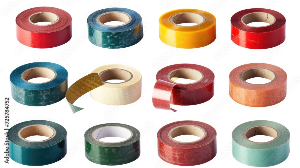 Poster a collection of various colored tapes neatly arranged on a white surface. ideal for crafts, organiza