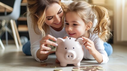 a happy child and young mother saving money together, as they deposit cash into a ceramic piggy bank, showcasing the importance of teaching financial responsibility from a young age.