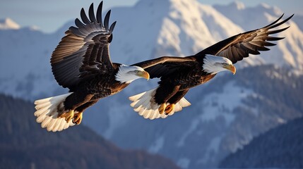  Majestic scenes of eagles soaring gracefully against the backdrop of clear blue skies, showcasing their prowess in flight in perfect daylight conditions