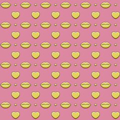 Seamless pattern with golden lips and hearts on pink background. Vector background.