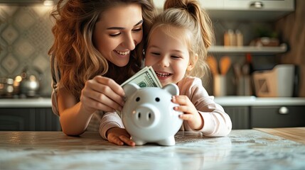 a happy child and young mother saving money together, as they deposit cash into a ceramic piggy bank, showcasing the importance of teaching financial responsibility from a young age.