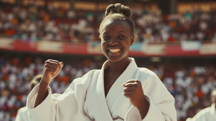 Young African American woman doing karate celebrating a victory, girl in a kimono karate rejoices victory.