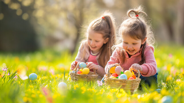 Two cute little girls are sitting on the green lawn during easter egg hunt and putting Easter eggs in baskets