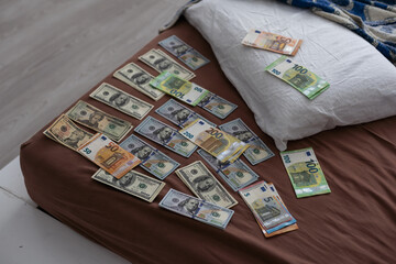 Euro bills and passports in criminal investigation unit, conceptual image