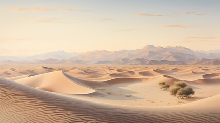 Fototapeta na wymiar Panoramic scenes capturing the ethereal beauty of sunlit desert sand dunes during the dawn hours, with soft light illuminating the textured landscape