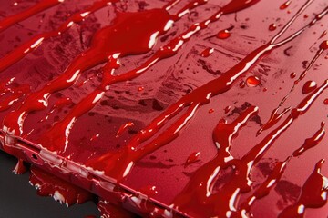 A close-up view of a red surface covered in blood. This image can be used to depict crime scenes, horror themes, or medical emergencies.