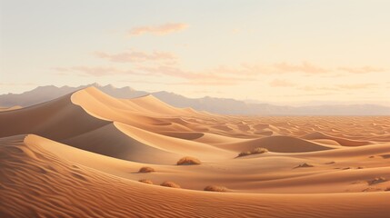  Panoramic scenes capturing the ethereal beauty of sunlit desert sand dunes during the dawn hours, with soft light illuminating the textured landscape
