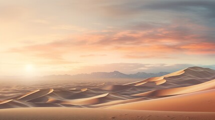 Panoramic scenes capturing the ethereal beauty of sunlit desert sand dunes during the dawn hours, with soft light illuminating the textured landscape