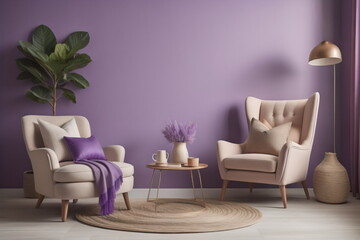Beige wing chair with purple pillow 