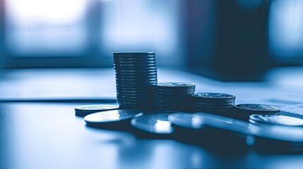a stack of money coins on an office desk, filtered with a blue hue to convey a sense of professionalism and tranquility, the intersection of business and finance in a corporate setting.