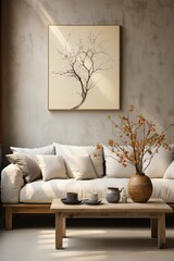 beige sofa in modern living room, in the style of loose handling of paint, primitivist style