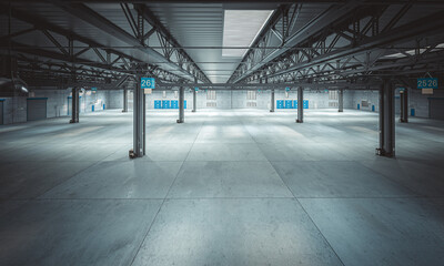 inside a large empty warehouse with a concrete floor.