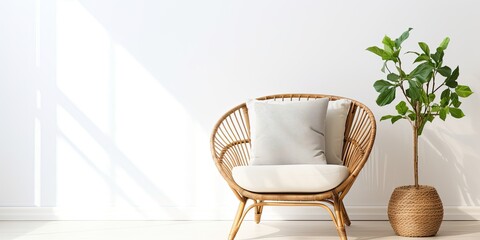 Minimal home decor rattan armchair with cushion.