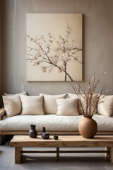 beige sofa in modern living room, in the style of loose handling of paint, primitivist style