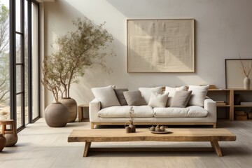 beige sofa in modern living room, in the style of loose handling of paint, primitivist style