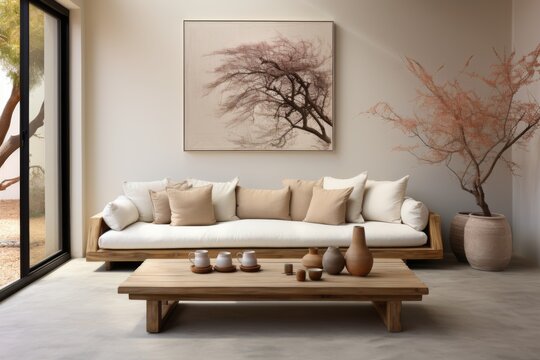 beige sofa in modern living room, in the style of loose handling of paint, primitivist style
