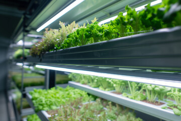 A vertical farm with layers of leafy greens under LED lights, showing alternative farming techniques in urban environments