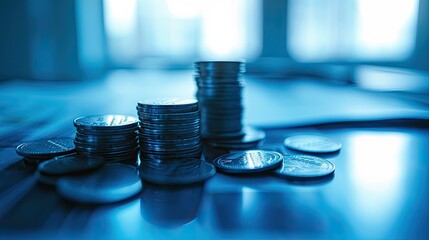 a stack of money coins on an office desk, filtered with a blue hue to convey a sense of professionalism and tranquility, the intersection of business and finance in a corporate setting.