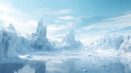  Panoramic scenes of sunlit floating glacial ice castles, sculpted by nature and resembling...