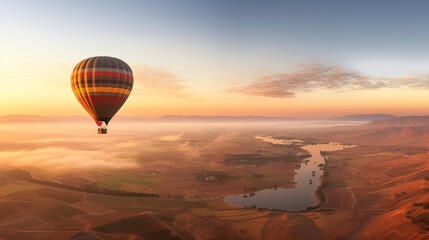 Obraz premium Panoramic views from a hot air balloon during a tranquil sunrise, showcasing the landscape below