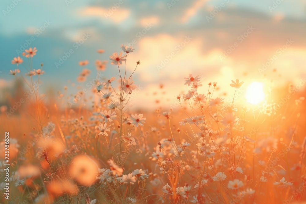 Poster a beautiful field of flowers with the sun setting in the background. perfect for nature lovers and t