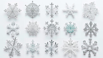 Naklejka na ściany i meble Set of different snowflakes isolated on white background. Macro photo of real snow crystals