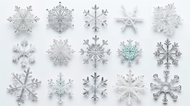 Set of different snowflakes isolated on white background. Macro photo of real snow crystals