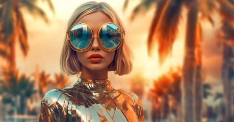 Trendy disco girl wearing big sunglasses and golden dress. Summer sunset beach party - 725786563