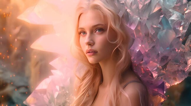 a woman with long blonde hair standing in front of a background