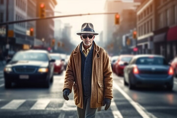 A blind man in dark glasses is walking down the city street. November 13 is the International Day of the Blind