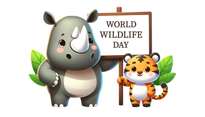 3d illustration with cute cartoon animals for world wildlife day