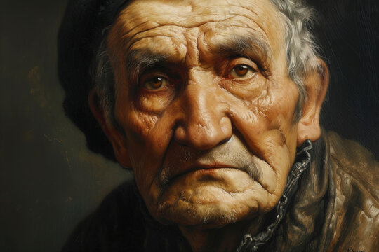 Oil portrait of an old sad man on a dark background